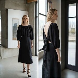 SHAINA MOTE LINEN BLEND BLACK TIE BACK PUFFER SLEEVE DRESS SZ XS